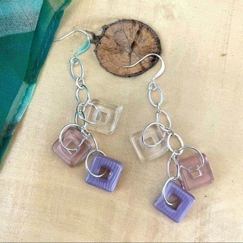 2/$29 Long Geometric Glass Square & Chain Earrings in Mixed Purple Clear